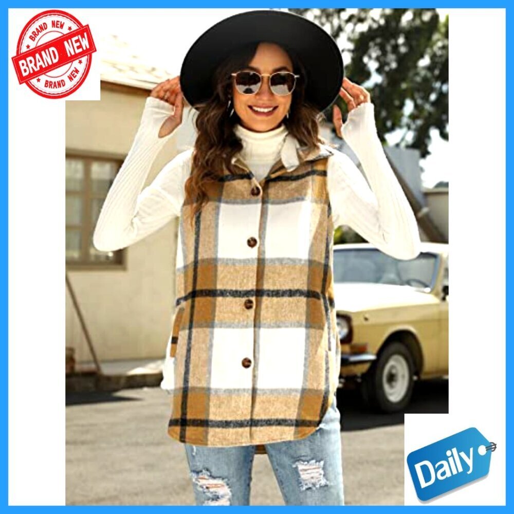 Flannel Plaid Vest Sleeveless Button Down Shirt Jacket with Pockets - Picture 5 of 7